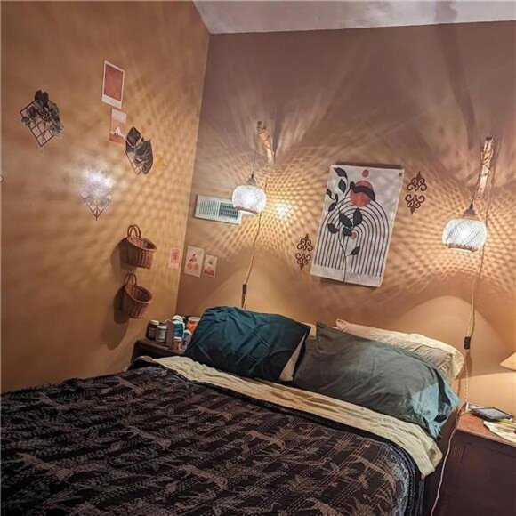 Bamboo Lantern Plug in Wall Sconces Wicker Wall Lamp with Plugin Cord Hand Woven - Picture 6 of 7